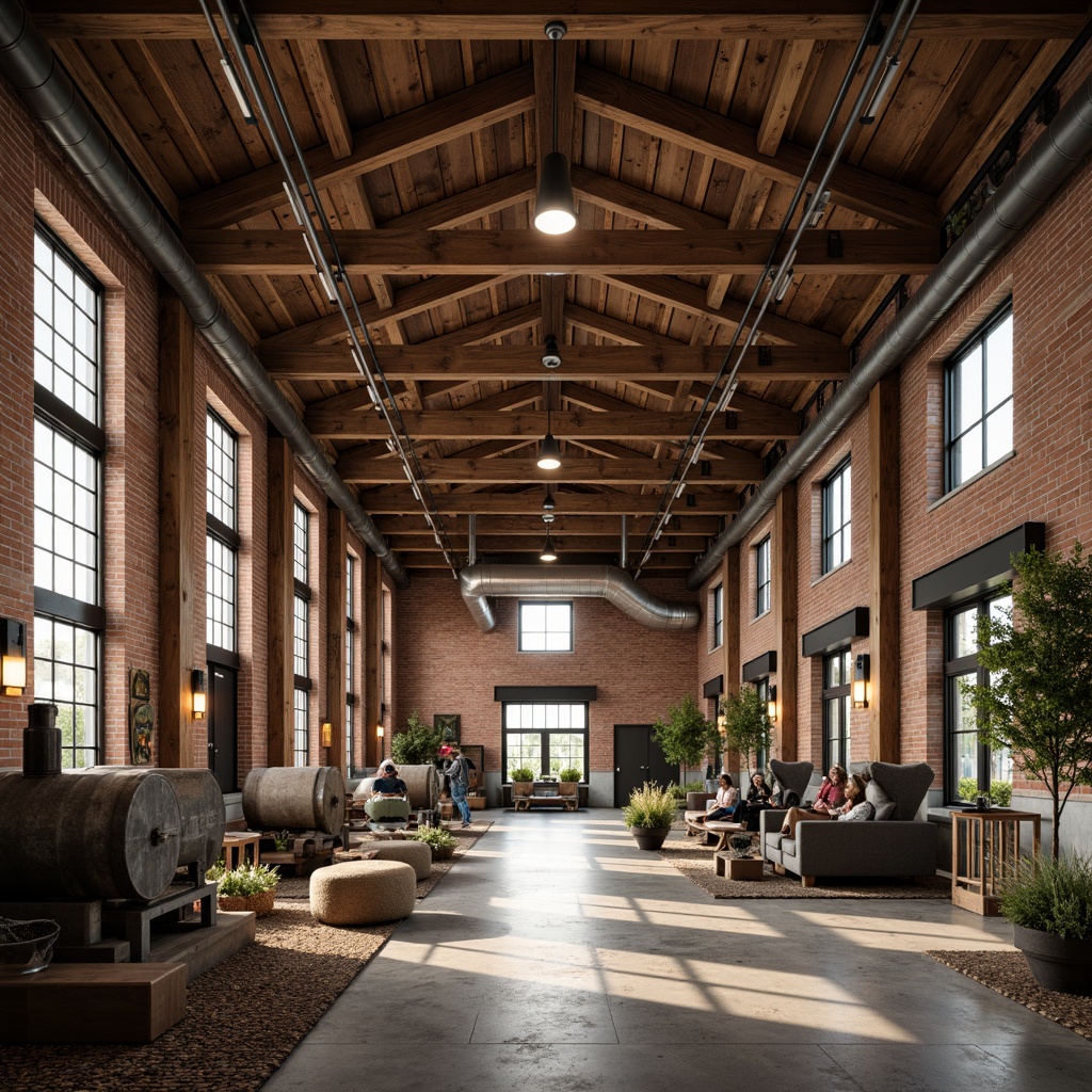 Prompt: Rustic factory setting, exposed wooden beams, industrial metal columns, reclaimed wood accents, vintage machinery, distressed brick walls, earthy tone color palette, natural stone floors, minimalist lighting fixtures, functional decorative elements, open layout, high ceilings, modern craftsman style, industrial chic aesthetic, warm ambient lighting, shallow depth of field, 1/2 composition, realistic textures, ambient occlusion.