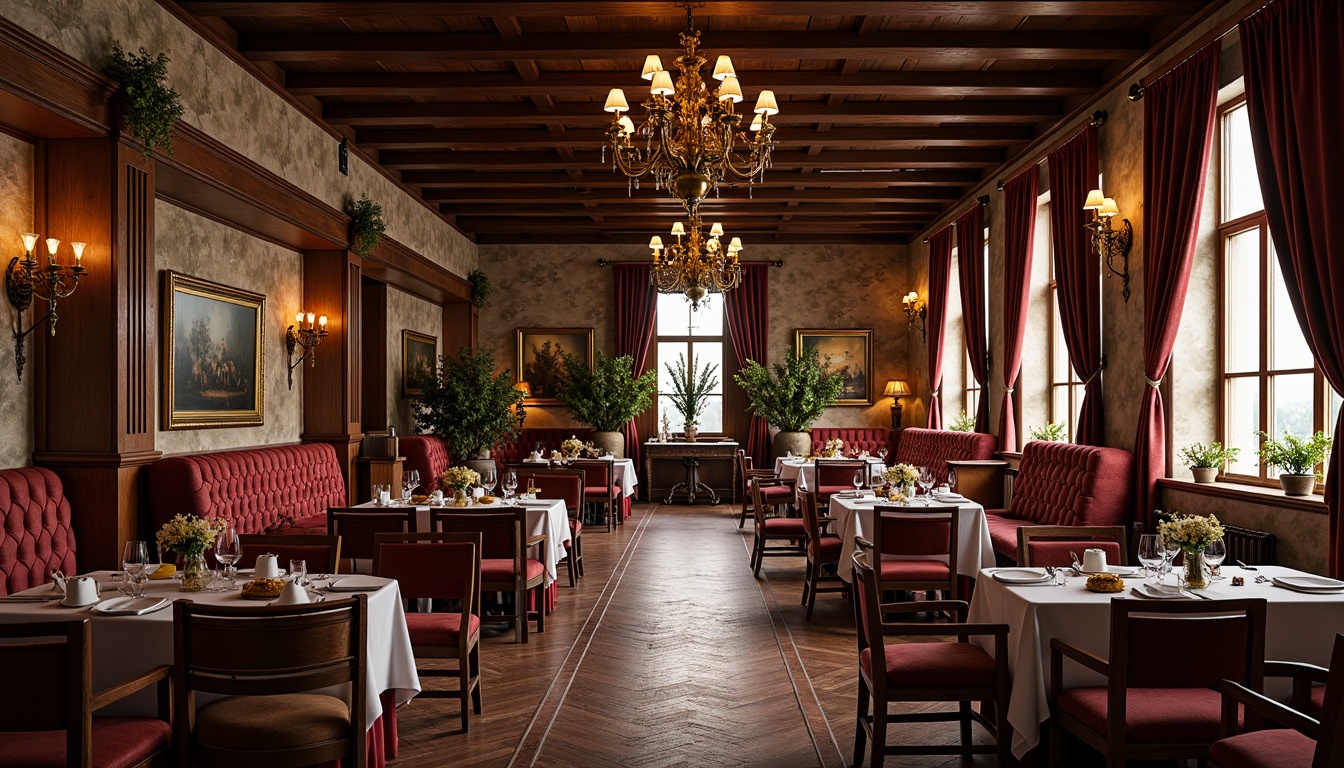 Prompt: Renaissance-style restaurant interior, ornate wooden furniture, rich velvet upholstery, golden accents, intricate carvings, luxurious fabrics, grand chandeliers, opulent drapery, warm candlelight, soft classical music, elegant table settings, fine china, crystal glasses, lavish centerpieces, rustic stone walls, high ceilings, large windows, natural light, romantic ambiance, intimate seating areas, comfortable plush sofas, antique decorative items, vintage artifacts, rich wood tones, earthy color palette, ornate mirrors, sophisticated atmosphere.