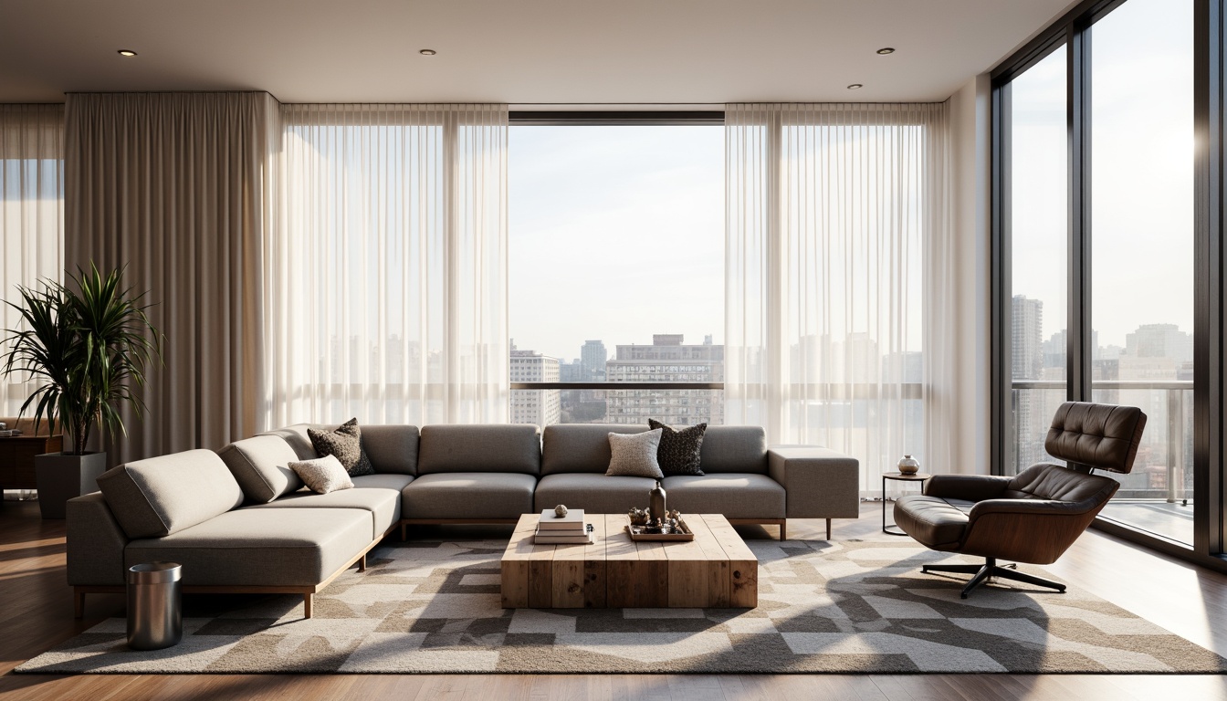 Prompt: Modern minimalist living room, sleek low-profile sofa, tufted velvet armchair, reclaimed wood coffee table, industrial metal side tables, geometric patterned rug, floor-to-ceiling windows, sheer white curtains, urban cityscape view, soft warm lighting, 1/1 composition, realistic textures, ambient occlusion.