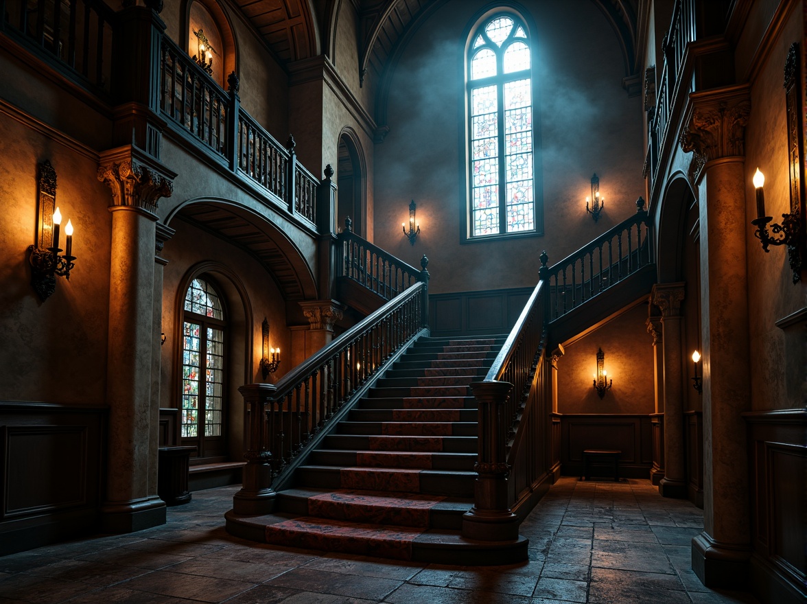 Prompt: Grandiose Gothic staircase, ornate iron railings, mysterious dark wood tones, eerie shadows, soft warm ambient lighting, flickering candles, lantern-style lamps, dramatic archways, ribbed vaulted ceilings, stone walls, mystical stained glass windows, intricate carvings, lavish tapestries, ominous foggy atmosphere, low-key backlighting, 1/2 composition, cinematic mood, realistic textures, subtle color grading.