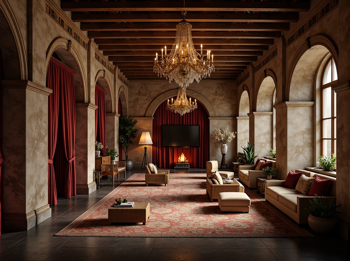 Prompt: Elegant loft interior, archways with ornate carvings, Renaissance-inspired decor, rich velvet drapes, golden chandeliers, rustic wooden beams, exposed brick walls, lavish furnishings, antique furniture pieces, luxurious textiles, intricate patterns, soft warm lighting, shallow depth of field, 3/4 composition, atmospheric ambiance, realistic render, detailed normal maps.