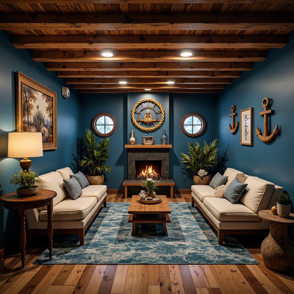 Prompt: Cozy basement lounge, navy blue accent walls, wooden ship-inspired decor, porthole windows, rustic nautical rope lighting, vintage anchor-shaped decorations, distressed wood flooring, ocean-blue glass tiles, beachy textiles, comfortable plush sofas, warm soft lighting, 1/1 composition, intimate atmosphere, realistic wood textures, ambient occlusion.