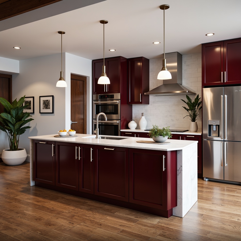 Prompt: Luxurious burgundy kitchen island, sleek marble countertops, contemporary cabinetry, high-gloss finish, stainless steel appliances, pendant lighting, polished chrome fixtures, rich wood flooring, neutral color scheme, sophisticated architectural details, minimalist decor, subtle texture contrast, soft warm lighting, shallow depth of field, 1/2 composition, realistic reflections, ambient occlusion.