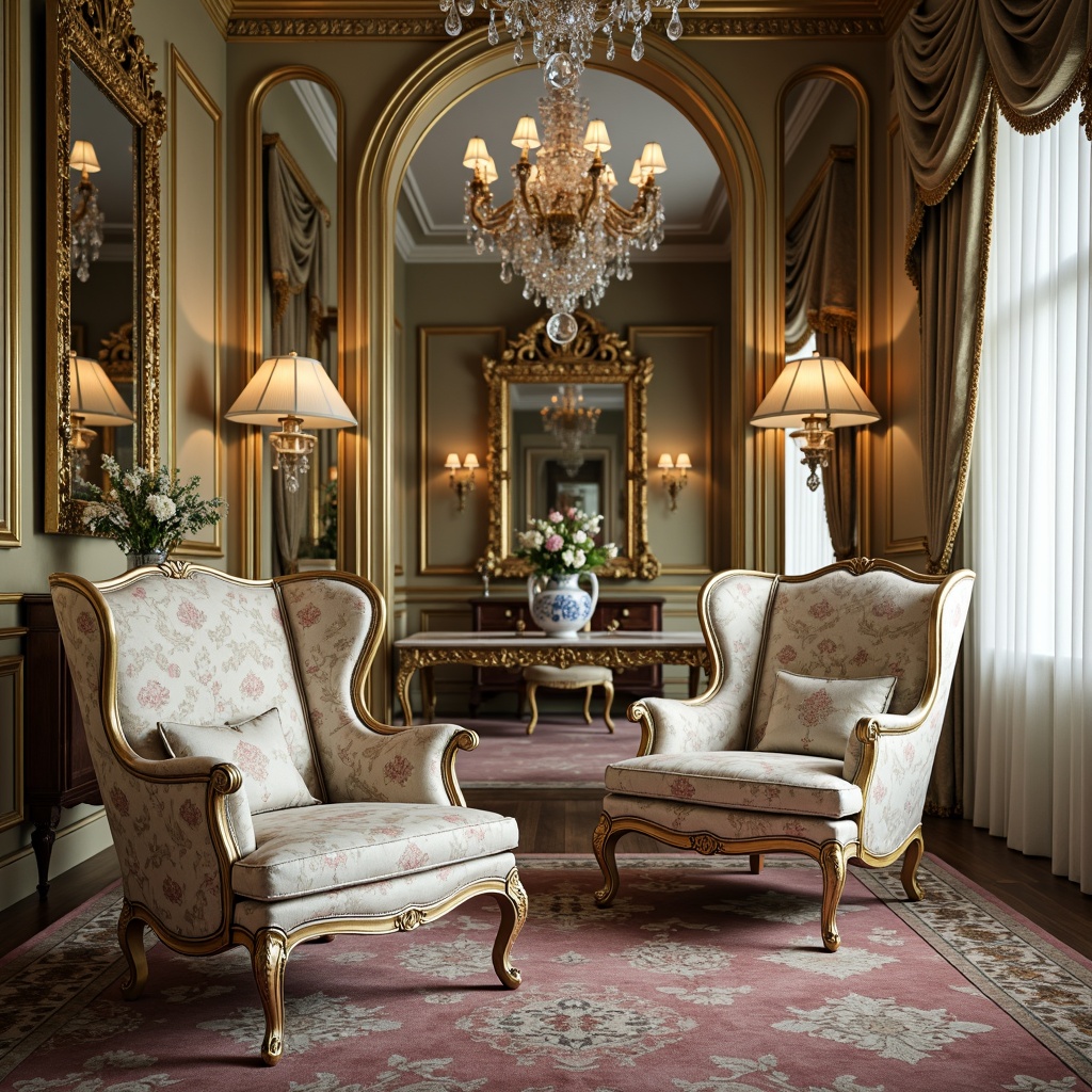 Prompt: Ornate armchairs, curved legs, gilded frames, velvet upholstery, floral patterns, soft pastel colors, intricate carvings, ornamental mirrors, crystal chandeliers, luxurious fabrics, golden accents, delicate porcelain vases, Rococo-inspired motifs, whimsical curves, lavish drapery, opulent textiles, dramatic lighting, shallow depth of field, 1/1 composition, warm color palette, realistic reflections.