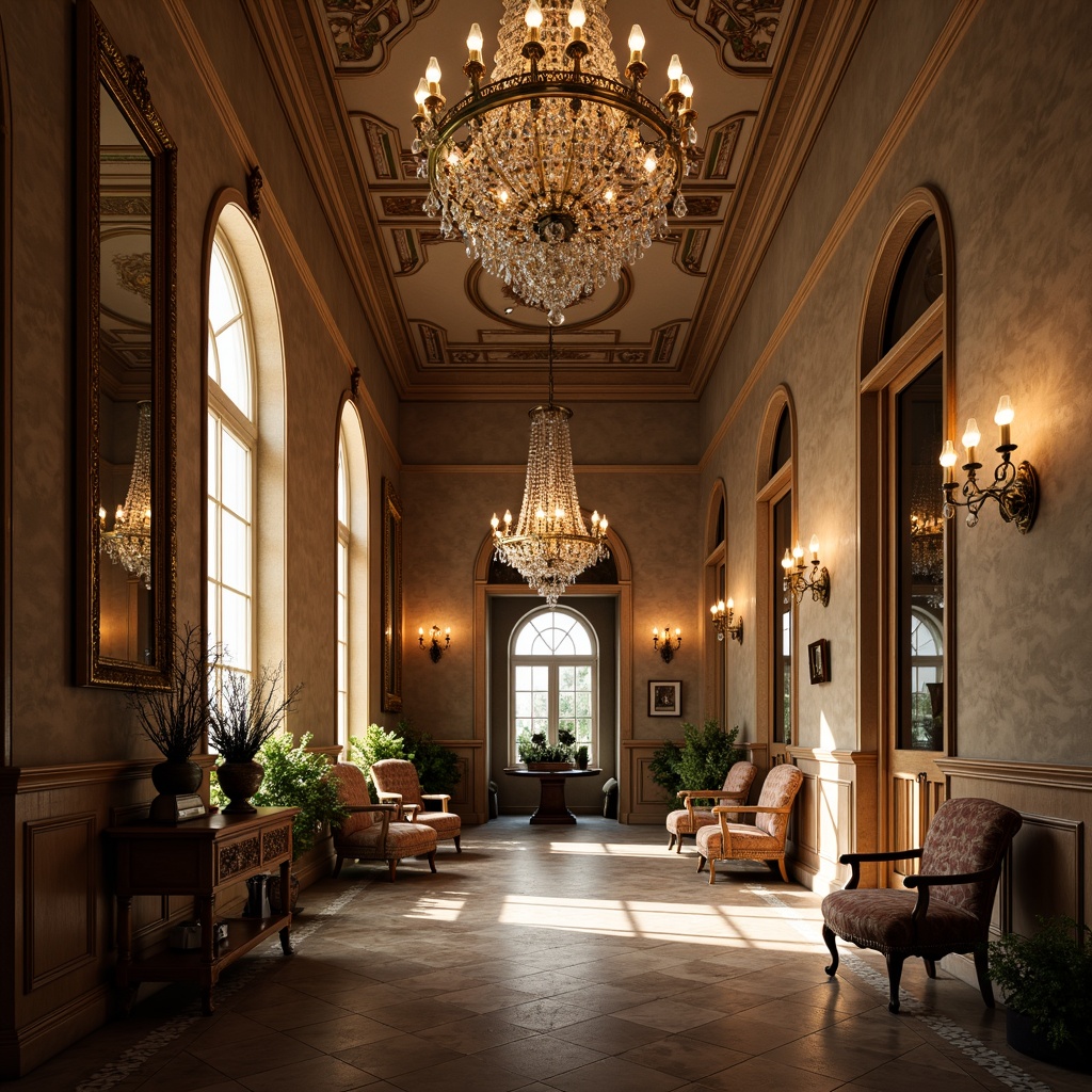 Prompt: Elegant Renaissance interior, ornate chandeliers, crystal droplets, golden accents, lavish candelabras, intricate metalwork, soft warm glow, ambient lighting, dramatic shadows, luxurious fabrics, rich wood tones, carved furniture, grandiose scale, opulent decor, subtle color palette, refined elegance, sophisticated ambiance, warm beige walls, polished marble floors, majestic archways, ornate mirrors, classic European style.