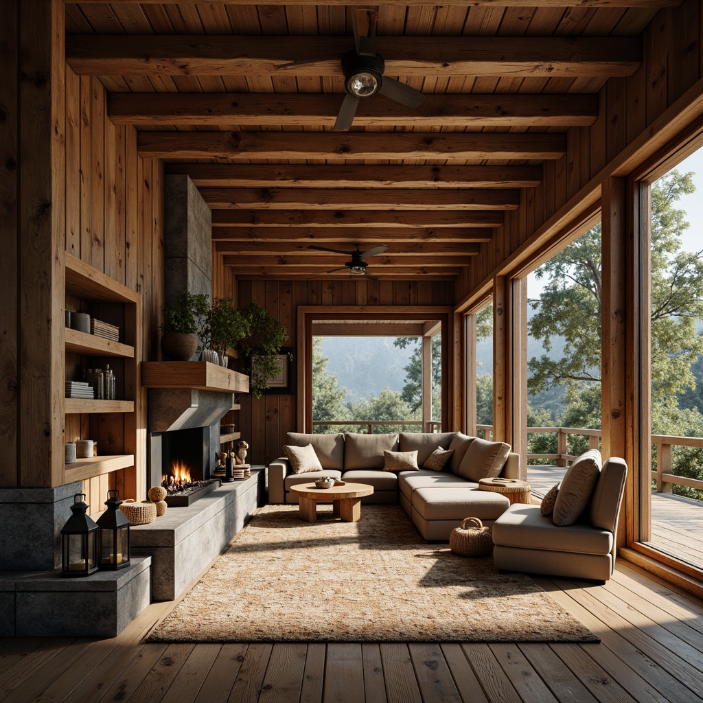 Prompt: Rustic cabin, wooden accents, natural textures, earthy tones, vintage decor, cozy atmosphere, minimal ornamentation, functional furniture, reclaimed wood shelves, metal lanterns, woven baskets, stone fireplaces, warm lighting, soft focus, 3/4 composition, shallow depth of field, natural scenery, forest surroundings, mountainside location.