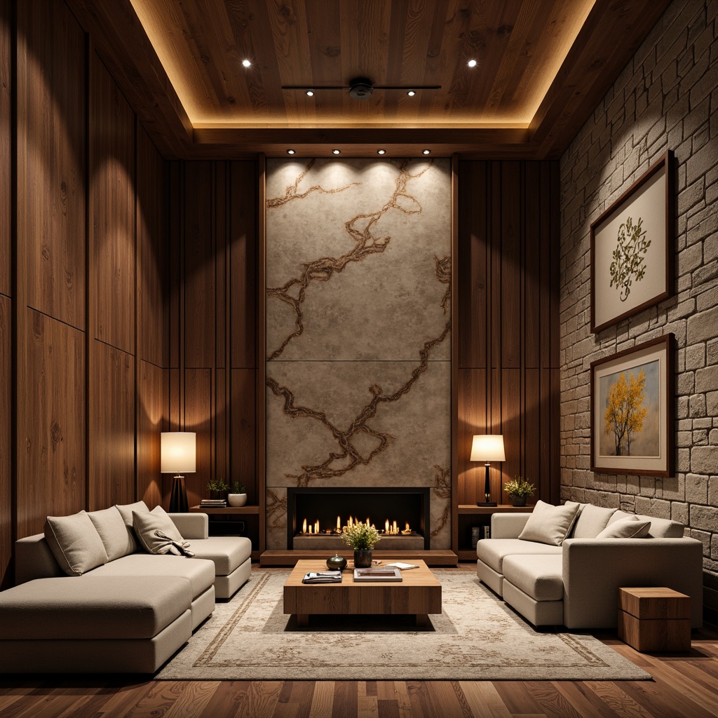 Prompt: Luxurious living room, rich wood paneling, textured stone walls, metallic accents, soft warm lighting, cozy atmosphere, comfortable seating, plush area rugs, elegant floor lamps, refined wall decor, subtle patterned wallpaper, natural material finishes, earthy color palette, relaxing ambiance, calm mood, 3/4 composition, shallow depth of field, realistic textures, ambient occlusion.