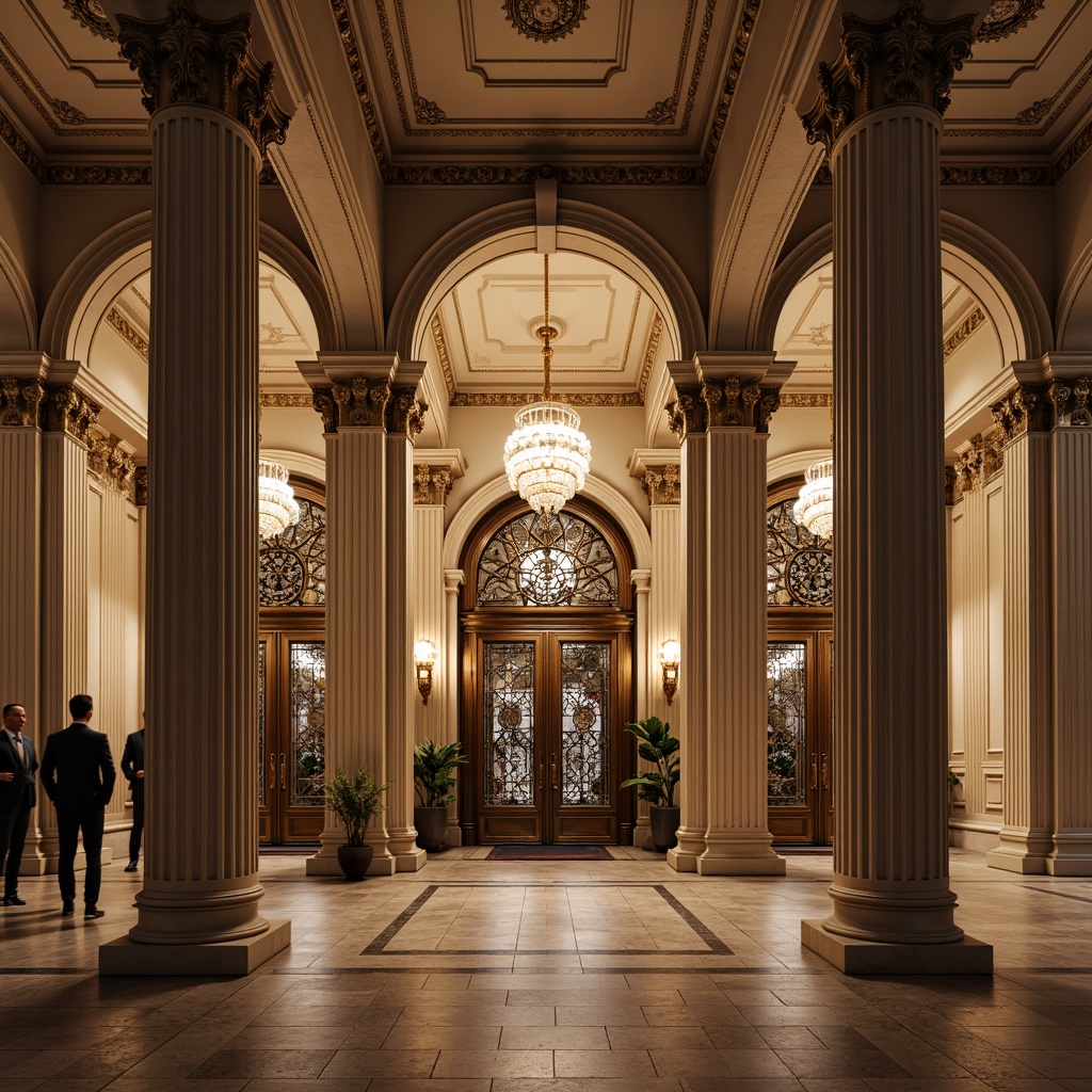 Prompt: Grandiose bank facade, Corinthian columns, ornate capitals, rusticated base, symmetrical composition, imposing entrance, bronze doors, intricate metalwork, marble floors, high ceilings, chandelier lighting, classical arches, pilasters, decorative moldings, ornate plasterwork, regal color scheme, majestic atmosphere, soft warm lighting, shallow depth of field, 1/1 composition, realistic textures, ambient occlusion.