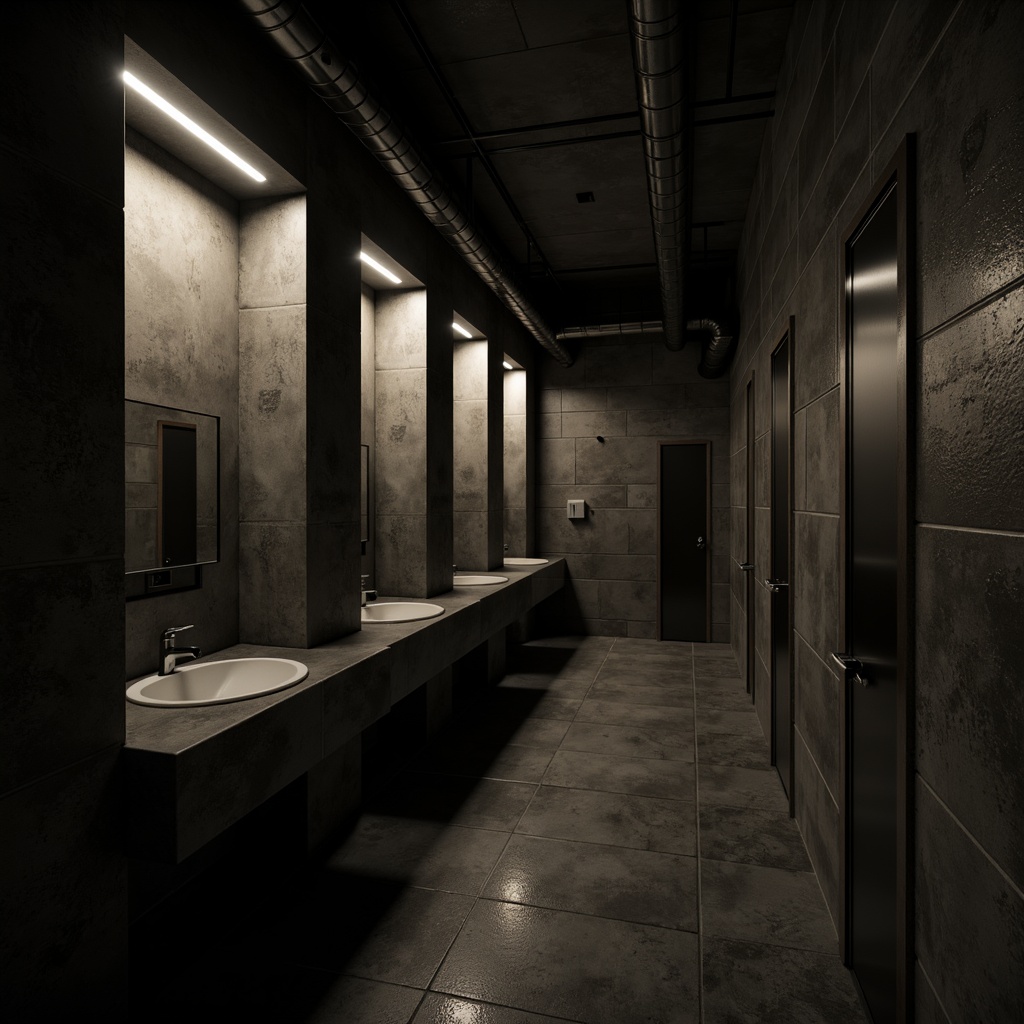 Prompt: Dark powder room, brutalist architecture, rough concrete walls, exposed pipes, industrial lighting, dim warm glow, metal fixtures, minimalist decor, functional design, raw textures, urban atmosphere, low ceiling, narrow space, dramatic shadows, high-contrast lighting, cold tone color palette, metallic accents, geometric shapes, edgy lines, moody ambiance, cinematic feel.