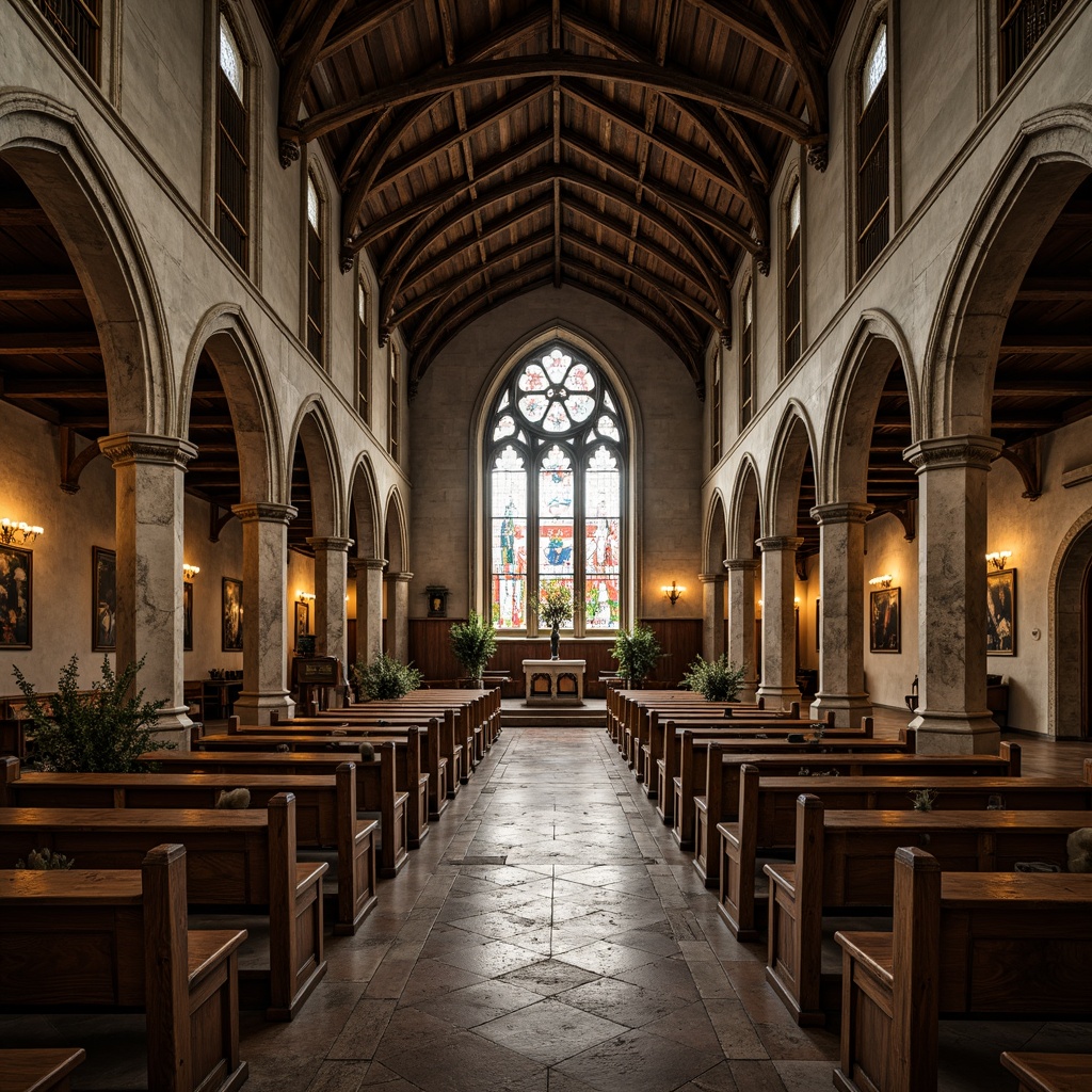 Prompt: Distressed wooden pews, ornate stone carvings, vaulted ceilings, grandiose archways, stained glass windows, intricate mosaic patterns, rustic wood accents, worn leather-bound bibles, candlelit ambiance, soft warm lighting, shallow depth of field, 1/1 composition, realistic textures, ambient occlusion, serene atmosphere, peaceful sanctuary, natural materials, earthy color palette, traditional craftsmanship, reverent silence.