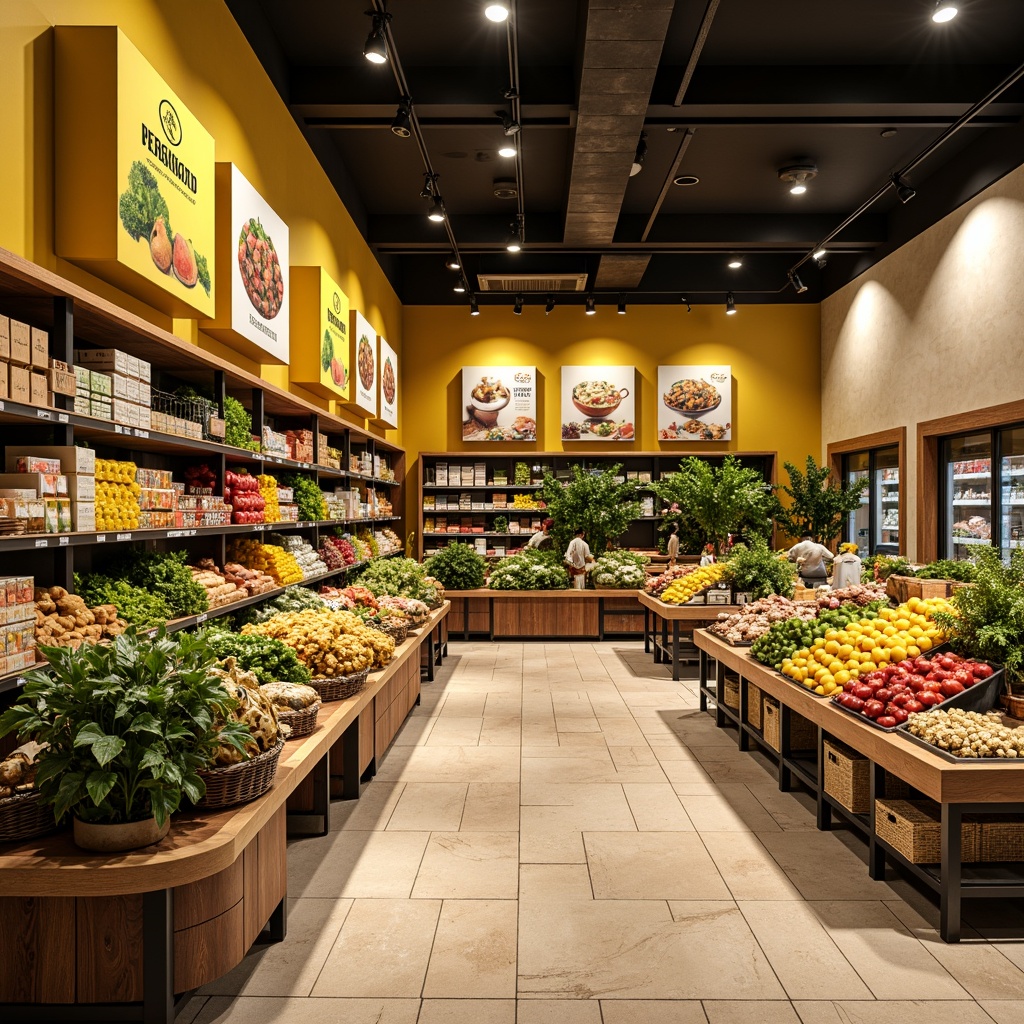 Prompt: Vibrant supermarket interior, warm beige walls, rich wood accents, fresh produce displays, bold signage, appetizing food images, modern LED lighting, earthy tone floors, natural stone countertops, rustic metal shelves, lively yellow and green hues, inviting atmosphere, shallow depth of field, 1/2 composition, softbox lighting, realistic textures, ambient occlusion.