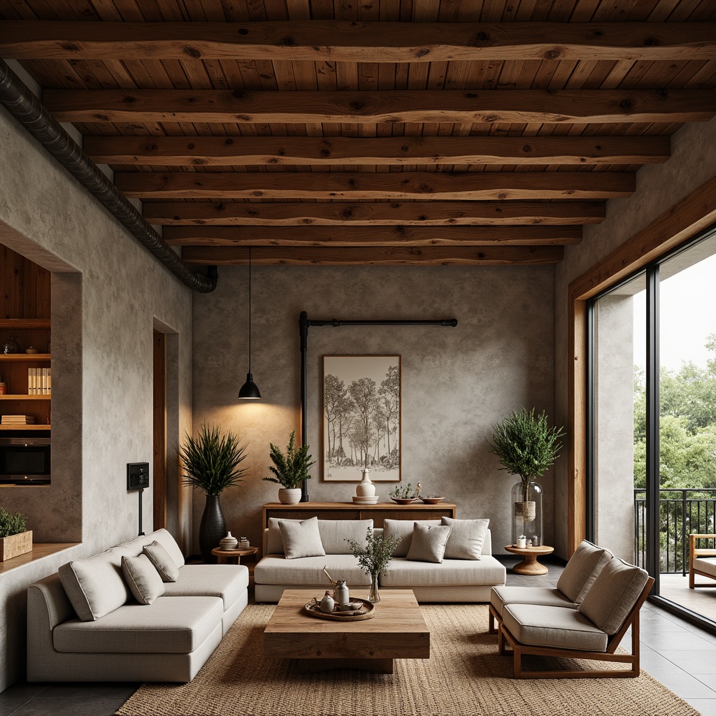 Prompt: Rustic wooden beams, industrial chic aesthetic, natural stone walls, earthy color palette, cozy living spaces, minimalist decor, reclaimed wood accents, metal piping fixtures, vintage lighting elements, open-plan layout, high ceilings, dramatic vertical space, warm atmospheric lighting, shallow depth of field, 1/1 composition, realistic textures, ambient occlusion.