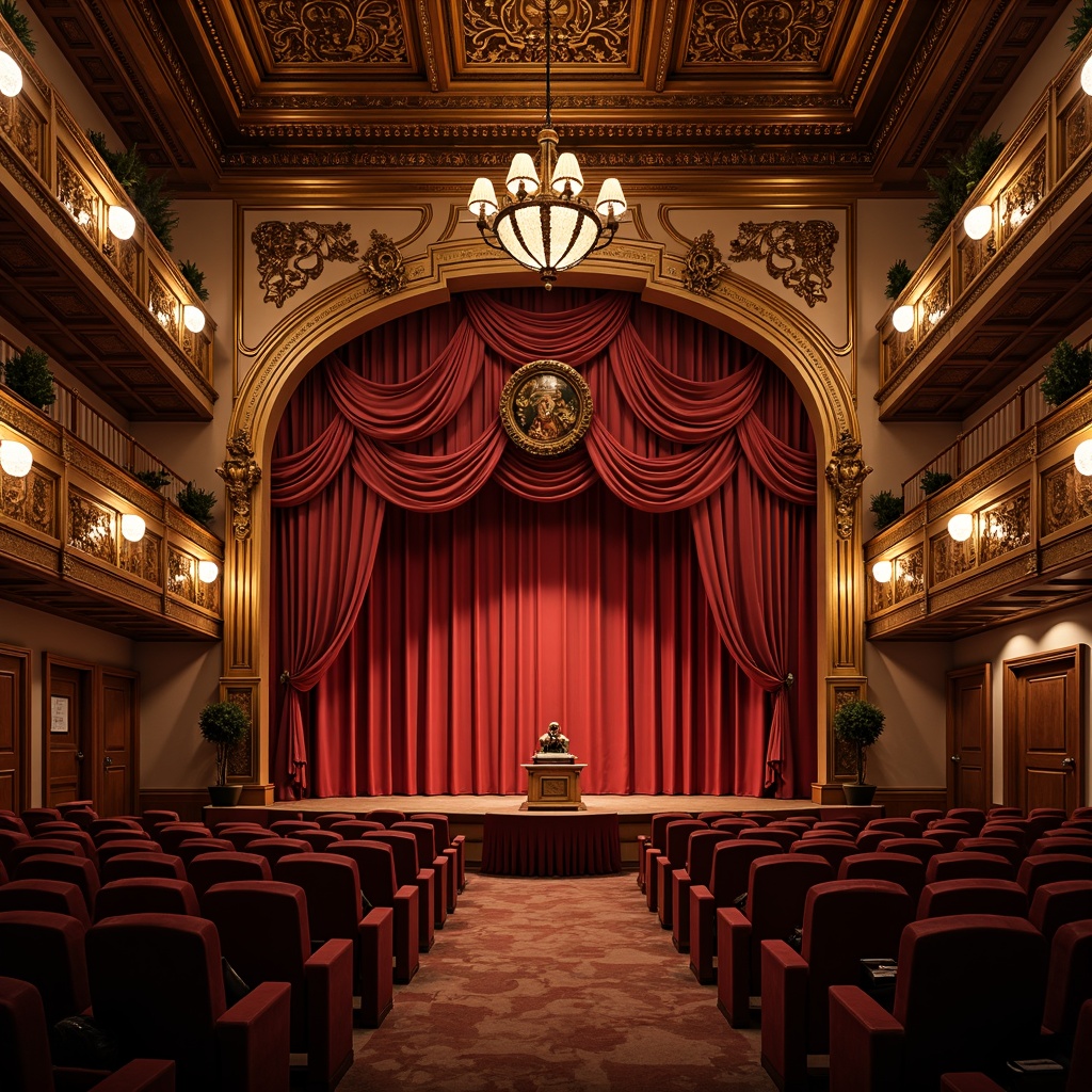 Prompt: Ornate traditional theater, lavish red curtains, gilded ornaments, intricately carved wooden panels, ornamental chandeliers, plush velvet seats, Baroque-inspired architecture, grandiose scale, dramatic spotlights, warm golden lighting, 1/1 composition, symmetrical framing, richly textured fabrics, luxurious drapery, antique props, vintage theatrical equipment, subtle smoke effects, soft focus, cinematic atmosphere.