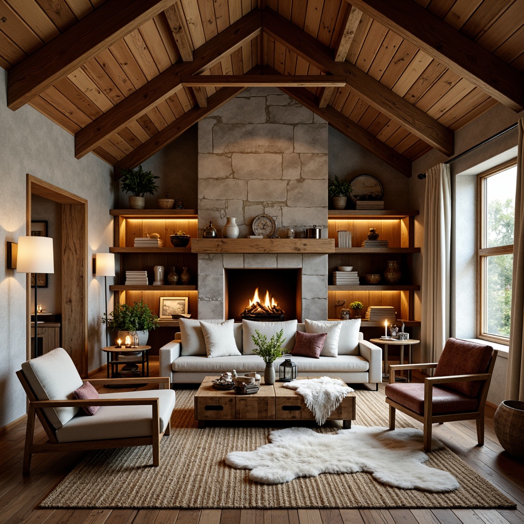 Prompt: Rustic cabin, wooden beams, natural stone walls, earthy color palette, woven jute rugs, plush sheepskin throws, vintage patchwork quilts, distressed leather armchairs, reclaimed wood coffee tables, antique metal lanterns, warm candlelight, cozy reading nooks, plush velvet pillows, natural linen drapes, woven wicker baskets, earthy terracotta vases, soft warm lighting, shallow depth of field, 3/4 composition, realistic textures, ambient occlusion.