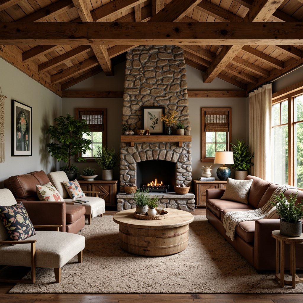 Prompt: Cozy cabin, natural wood accents, stone fireplace, plush area rugs, woven baskets, vintage furniture, earthy color palette, rough-hewn wooden beams, distressed leather upholstery, chunky knitted throws, floral patterned fabrics, linen drapes, macrame wall hangings, organic shapes, warm soft lighting, intimate atmosphere, nature-inspired motifs, tactile textures, eclectic decorative accents.