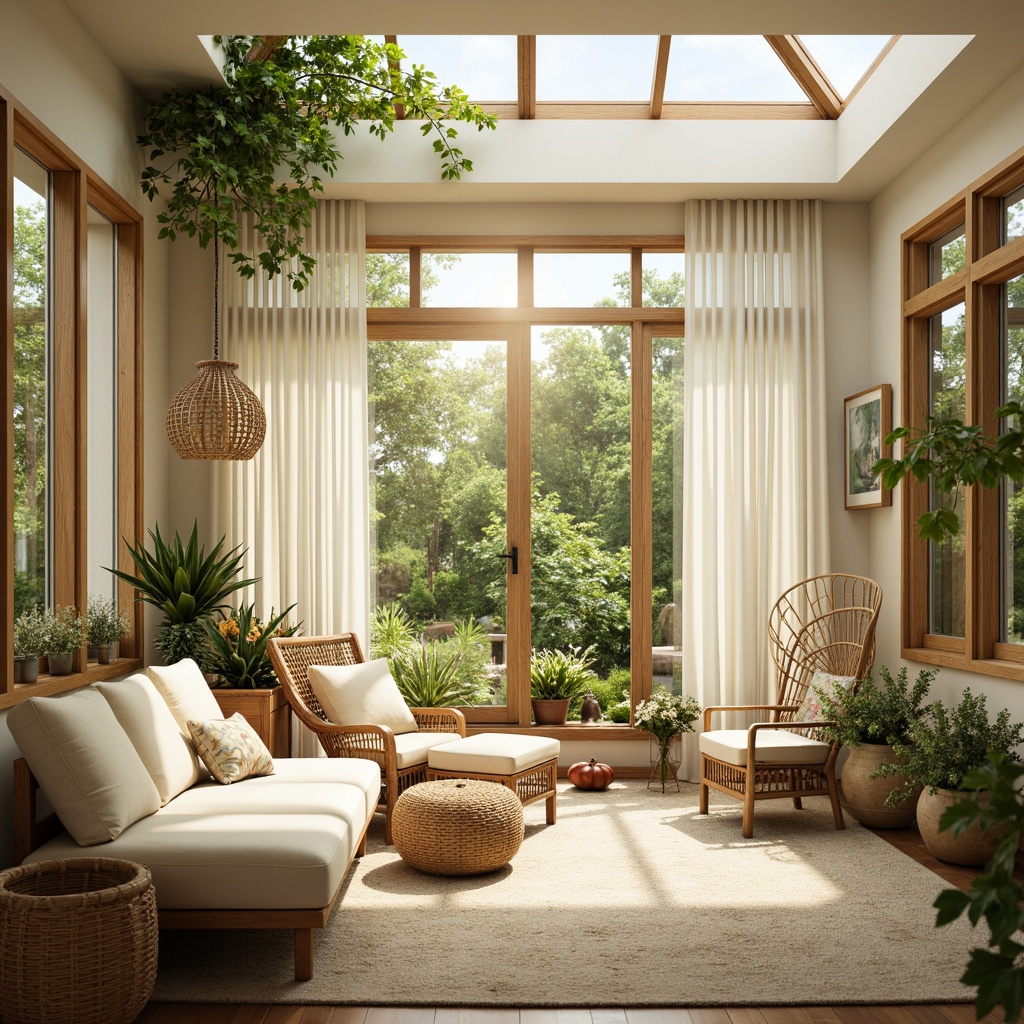 Prompt: Vibrant sunroom, warm natural light, soft pastel hues, creamy whites, earthy tones, lush greenery, blooming flowers, wooden accents, rattan furniture, plush cushions, sheer curtains, sliding glass doors, modern minimalist decor, bright skylight, cozy reading nook, relaxing ambiance, gentle warm lighting, shallow depth of field, 1/1 composition, intimate close-up shot.