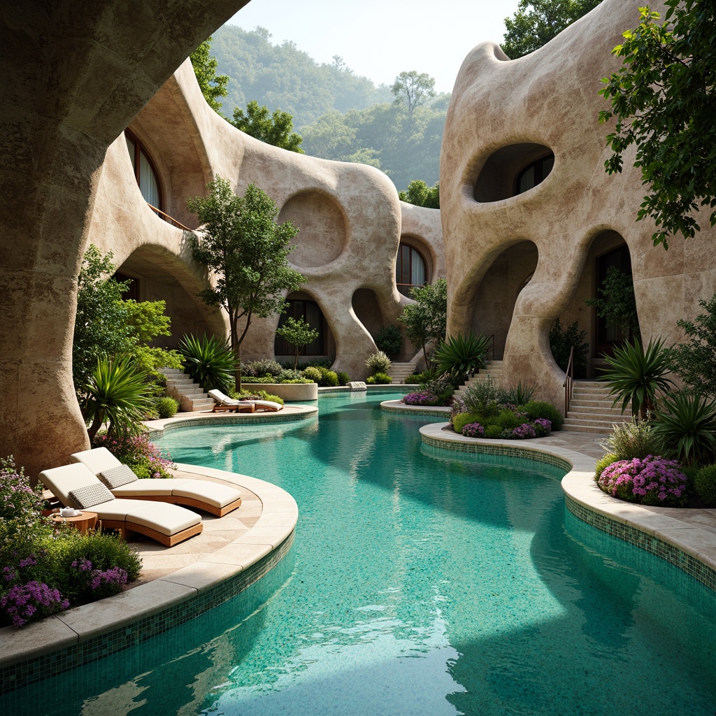 Prompt: Turquoise waters, ornate tilework, flowing curves, organic forms, iridescent mosaics, shimmering aquamarine, luxurious vegetation, intricate stonework, sun-kissed decks, natural rock formations, soft warm lighting, dramatic shadows, 1/2 composition, shallow depth of field, realistic textures, ambient occlusion.