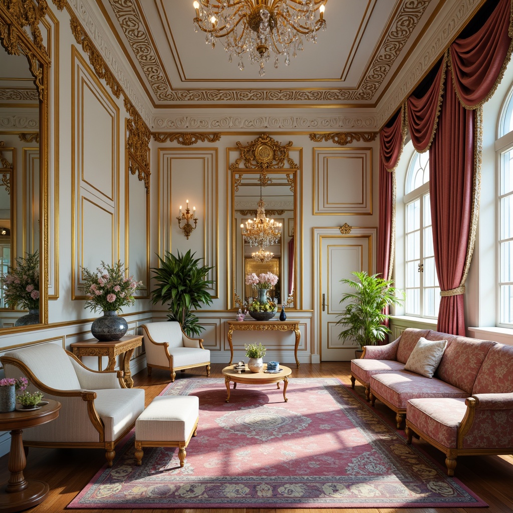 Prompt: Rococo-inspired interior, ornate gold accents, soft creamy whites, rich velvety reds, pastel pinks, turquoise blues, lavish furnishings, intricate carvings, floral patterns, ornamental mirrors, crystal chandeliers, delicate lace details, lavish drapery, opulent fabrics, warm candlelight, shallow depth of field, 1/1 composition, realistic textures, ambient occlusion.