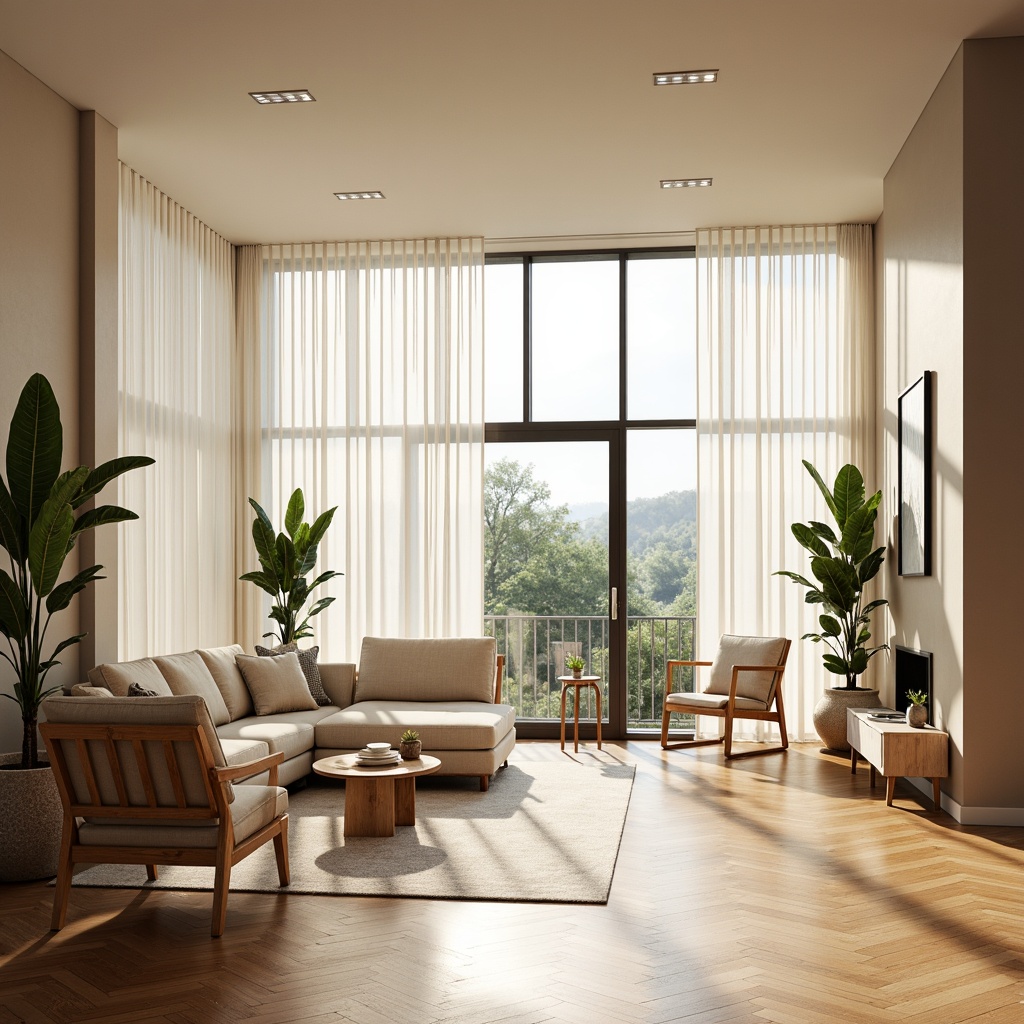 Prompt: Vibrant interior space, abundant natural light, floor-to-ceiling windows, sheer white curtains, polished wooden floors, minimal decor, greenery accents, warm beige walls, inviting atmosphere, soft shadows, gentle highlights, 1/2 composition, subtle contrast, realistic textures, ambient occlusion.