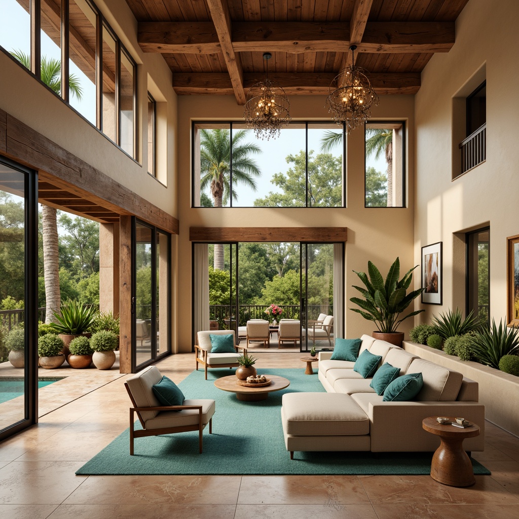 Prompt: Spacious great room, open floor plan, Mediterranean style, high ceilings, large windows, sliding glass doors, natural stone floors, warm beige walls, rustic wooden beams, elegant chandeliers, plush sectional sofas, vibrant turquoise accents, lush greenery, potted plants, soft warm lighting, shallow depth of field, 3/4 composition, panoramic view, realistic textures, ambient occlusion.