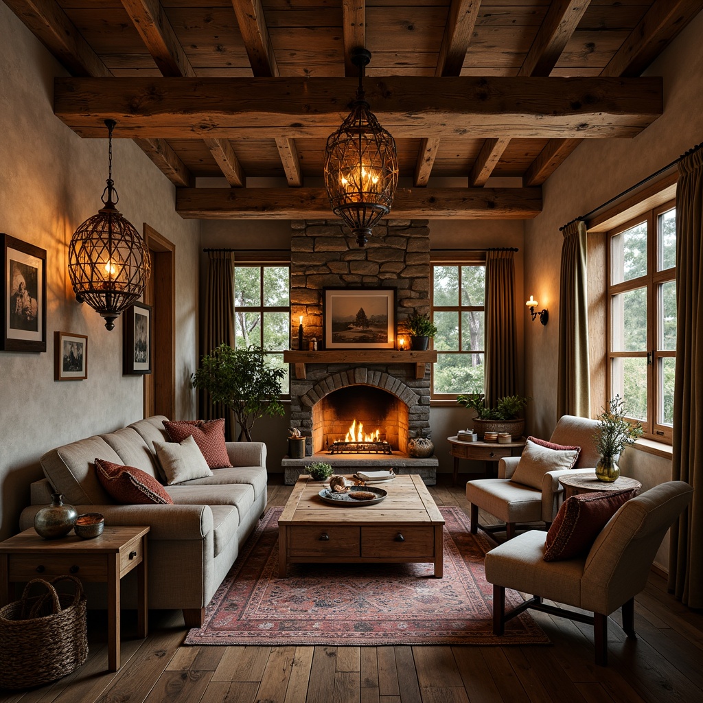 Prompt: Rustic cabin, wooden beams, stone fireplace, warm candlelight, pendant lanterns, vintage metal chandeliers, distressed wood furniture, earthy color palette, natural textiles, woven baskets, wooden shutters, cozy reading nook, softbox lighting, warm white lighting, layered lighting, ambient glow, rustic metal accents, reclaimed wood decor, nature-inspired patterns, organic shapes, cozy atmosphere, inviting ambiance.