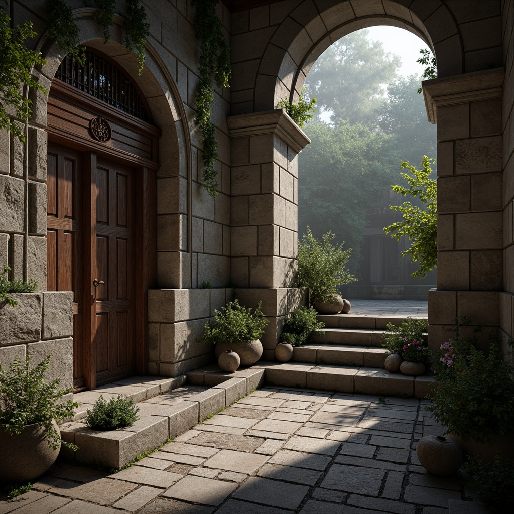 Prompt: Weathered stone walls, rough-hewn wooden planks, distressed metal panels, ornate carved details, organic shapes, earthy tones, natural materials, tactile experiences, high-contrast shading, ambient occlusion, realistic normals, subtle animations, cinematic lighting, atmospheric fog, misty mornings, mysterious ambiance, dramatic shadows, 3/4 composition, wide-angle lenses, shallow depth of field.