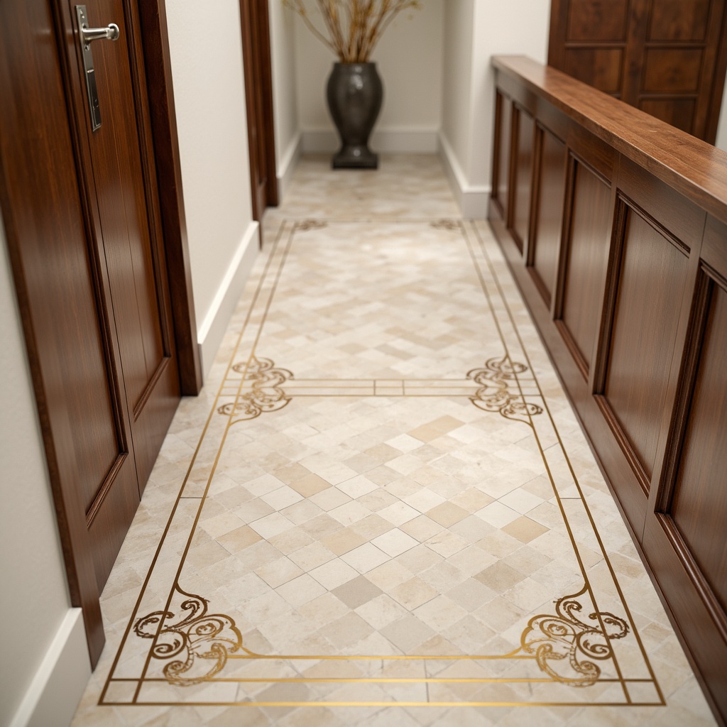 Prompt: Elegant marble floors, subtle texture, soft beige tone, classic hexagonal pattern, ornate borders, luxurious gold accents, refined herringbone design, sophisticated chevron layout, creamy white subway tiles, decorative medallions, rich walnut wood trim, ambient warm lighting, shallow depth of field, 1/1 composition, realistic reflections, subtle noise texture.