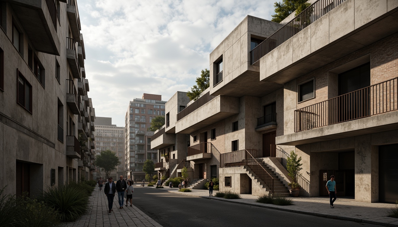 Prompt: Raw concrete structures, industrial brutalist architecture, muted earth tones, weathered stone walls, rusty metal accents, distressed wood textures, urban cityscape, overcast skies, dramatic shadows, high contrast lighting, bold geometric shapes, 3/4 composition, cinematic view, gritty realistic textures, ambient occlusion.