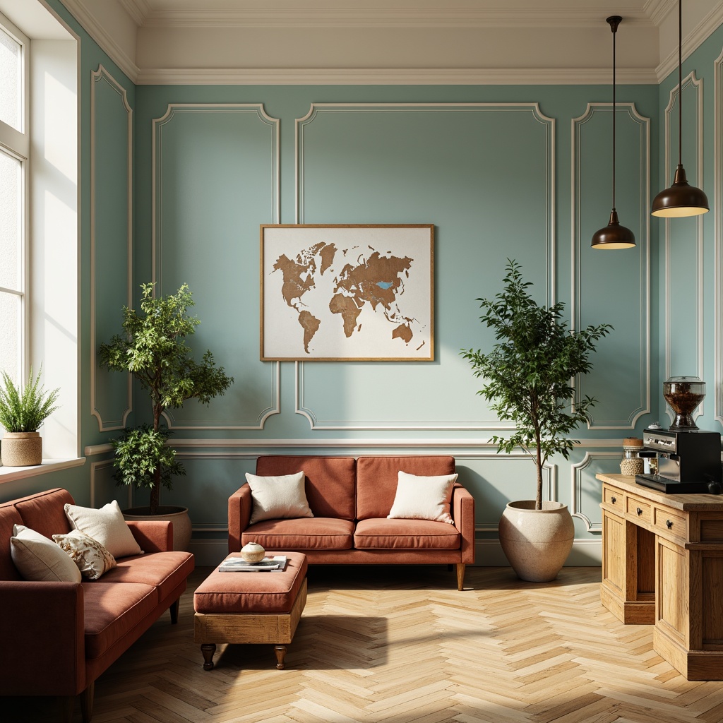 Prompt: Soft baby blue walls, creamy white trim, warm beige floors, rich wood accents, vintage coffee machines, cozy velvet sofas, rustic wooden tables, decorative ceramic vases, lush green plants, delicate glass pendant lights, warm golden lighting, inviting atmosphere, subtle texture overlays, shallow depth of field, 1/2 composition, soft focus, realistic materials.