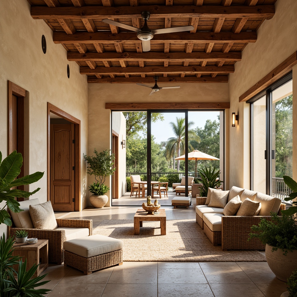 Prompt: Vibrant Mediterranean great room, open floor plan, high ceilings, large windows, sliding glass doors, rustic wooden beams, warm earthy tones, creamy stucco walls, plush furniture, ornate tile flooring, natural stone accents, lush greenery, potted plants, soft warm lighting, shallow depth of field, 3/4 composition, panoramic view, realistic textures, ambient occlusion.