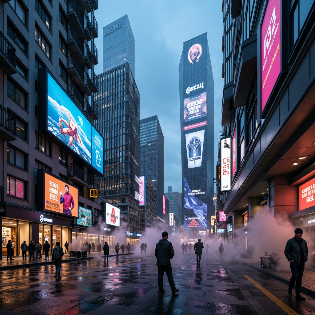 Prompt: Futuristic cityscape, neon-lit skyscrapers, iridescent metallic surfaces, holographic advertisements, LED lights, cyberpunk atmosphere, rainy night scene, misty fog effects, reflective glass towers, angular architecture, dynamic shapes, high-tech gadgets, sleek robots, virtual reality interfaces, neon-colored accents, luminescent signage, 3D-printed structures, avant-garde fashion, synthetic fabrics, metallic textiles, glossy finishes, matte surfaces, dramatic spotlights, cinematic camera angles, shallow depth of field, 1/2 composition.