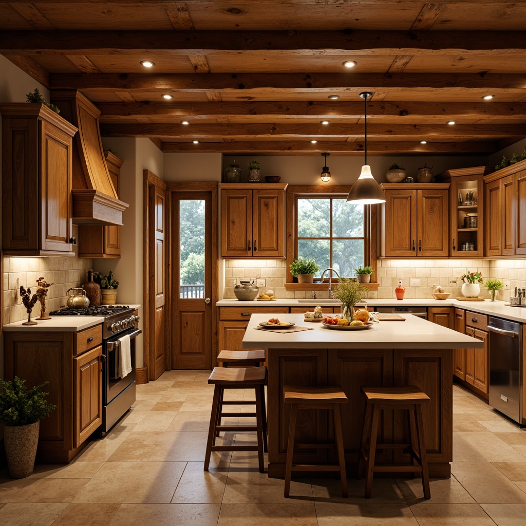 Prompt: Warm traditional kitchen ambiance, rustic wooden cabinets, earthy tone countertops, soft warm lighting, pendant lamps, under-cabinet lighting, recessed ceiling lights, natural stone flooring, cozy breakfast nook, vintage appliances, ceramic tile backsplash, rich wood tones, classic country style, warm beige colors, subtle texture variations, ambient occlusion, 1/1 composition, shallow depth of field.