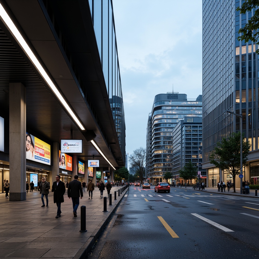 Prompt: Modern bus station, sleek glass facade, cantilevered roofs, minimalist architecture, urban cityscape, rush hour atmosphere, natural light pouring in, LED strip lights, neon signs, backlit displays, suspended ceiling fixtures, energy-efficient lighting, warm color temperature, pedestrian walkways, safety bollards, real-time information screens, dynamic advertising displays, 1/2 composition, shallow depth of field, softbox lighting, ambient occlusion.