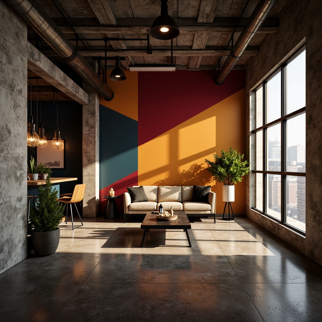 Prompt: Vibrant accent walls, bold geometric patterns, contrasting textures, modern minimalist decor, sleek metal frames, industrial-chic lighting fixtures, polished concrete floors, exposed ductwork, urban loft atmosphere, dramatic shadows, moody warm color palette, 1/2 composition, shallow depth of field, realistic rendering.