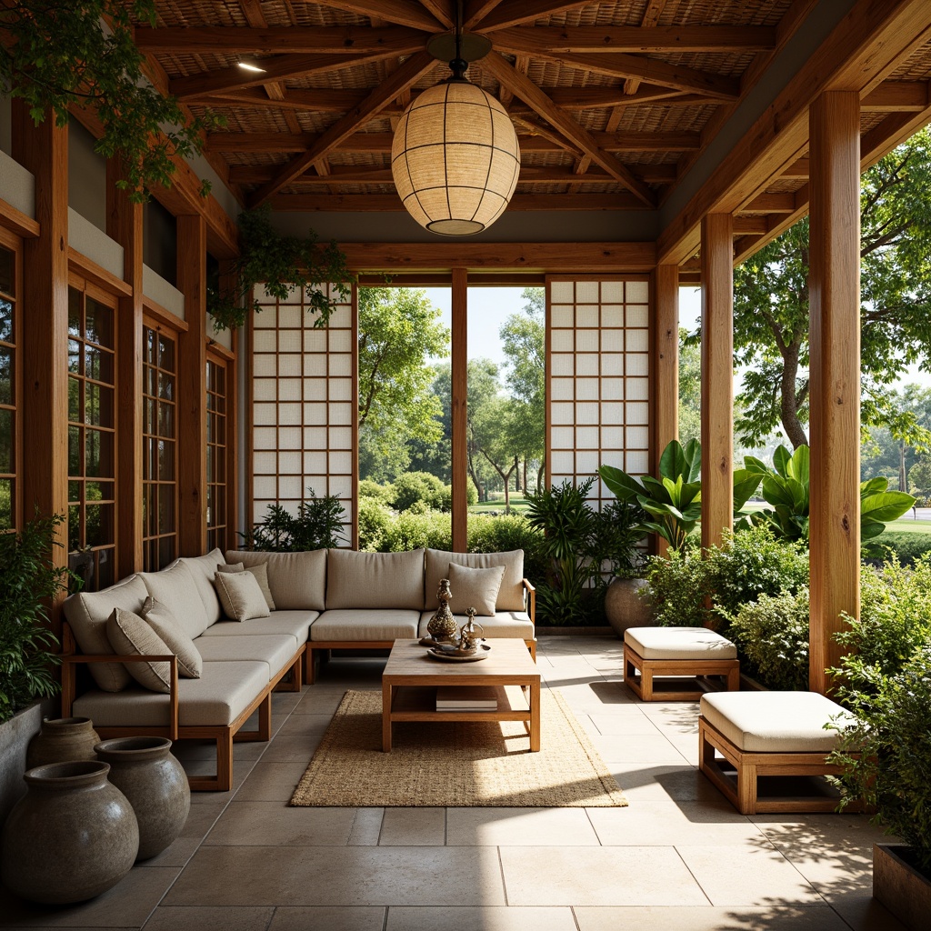 Prompt: Traditional Asian-style sunroom, natural wood accents, reclaimed teak furniture, woven bamboo walls, sliding Shoji screens, rice paper lanterns, ceramic tile flooring, stone pedestals, lush greenery, tropical plants, warm sunny day, soft diffused lighting, shallow depth of field, 1/2 composition, intimate atmosphere, realistic textures, ambient occlusion.