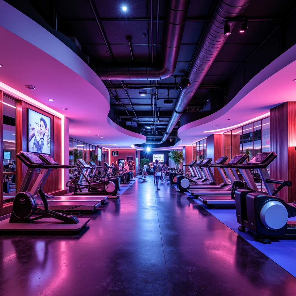 Prompt: Elegant fitness club interior, sweeping curvilinear lines, dynamic architectural shapes, mirrored walls, polished chrome equipment, vibrant neon accents, high-gloss flooring, soft ambient lighting, 3/4 composition, shallow depth of field, panoramic view, realistic textures, ambient occlusion.