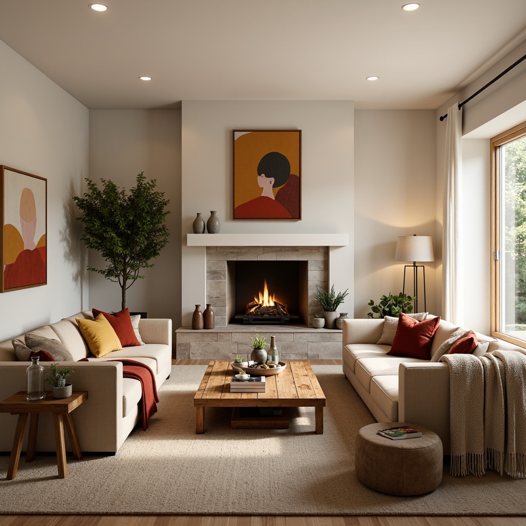 Prompt: Cozy living room, plush sofas, velvety armchairs, wooden coffee tables, rustic side tables, vibrant throw pillows, soft blankets, warm floor lamps, abstract artwork, textured rugs, natural stone fireplaces, minimalist decor, soft cream colors, warm beige tones, relaxed ambiance, shallow depth of field, 3/4 composition, realistic textures, ambient occlusion.