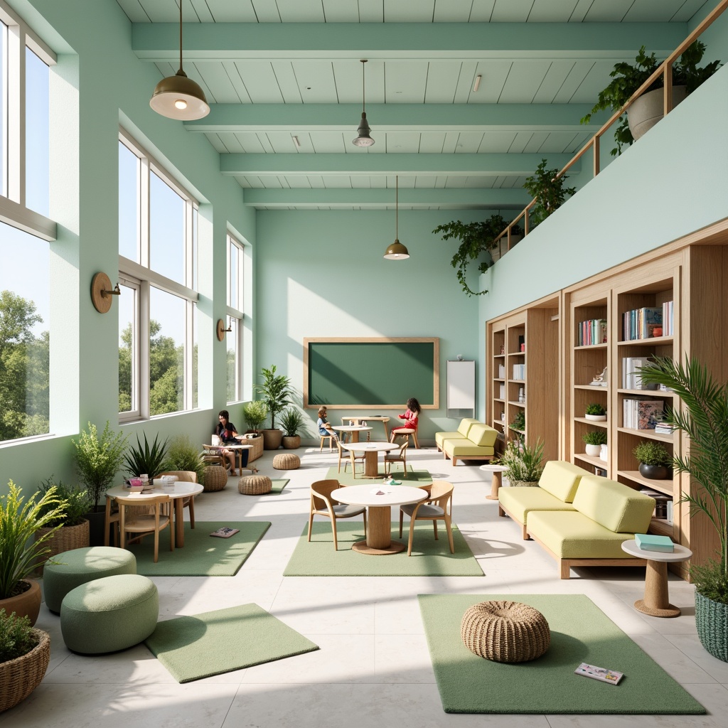 Prompt: Vibrant educational setting, pastel hues, soft blues, calming greens, creamy whites, wooden accents, modern furniture, interactive whiteboards, collaborative workspaces, cozy reading nooks, natural textiles, earthy tones, gentle lighting, shallow depth of field, 1/1 composition, realistic textures, ambient occlusion.