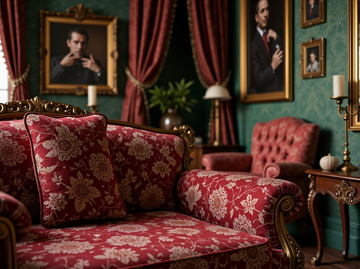 Prompt: Richly patterned velvet fabrics, intricately carved wooden frames, ornate gilded details, plush cushions, rolled arms, tufted buttons, crimson red and emerald green hues, luxurious silk textures, antique brass hardware, opulent drapery, heavily draped curtains, lavish floral patterns, soft warm lighting, shallow depth of field, 1/1 composition, realistic textures, ambient occlusion.