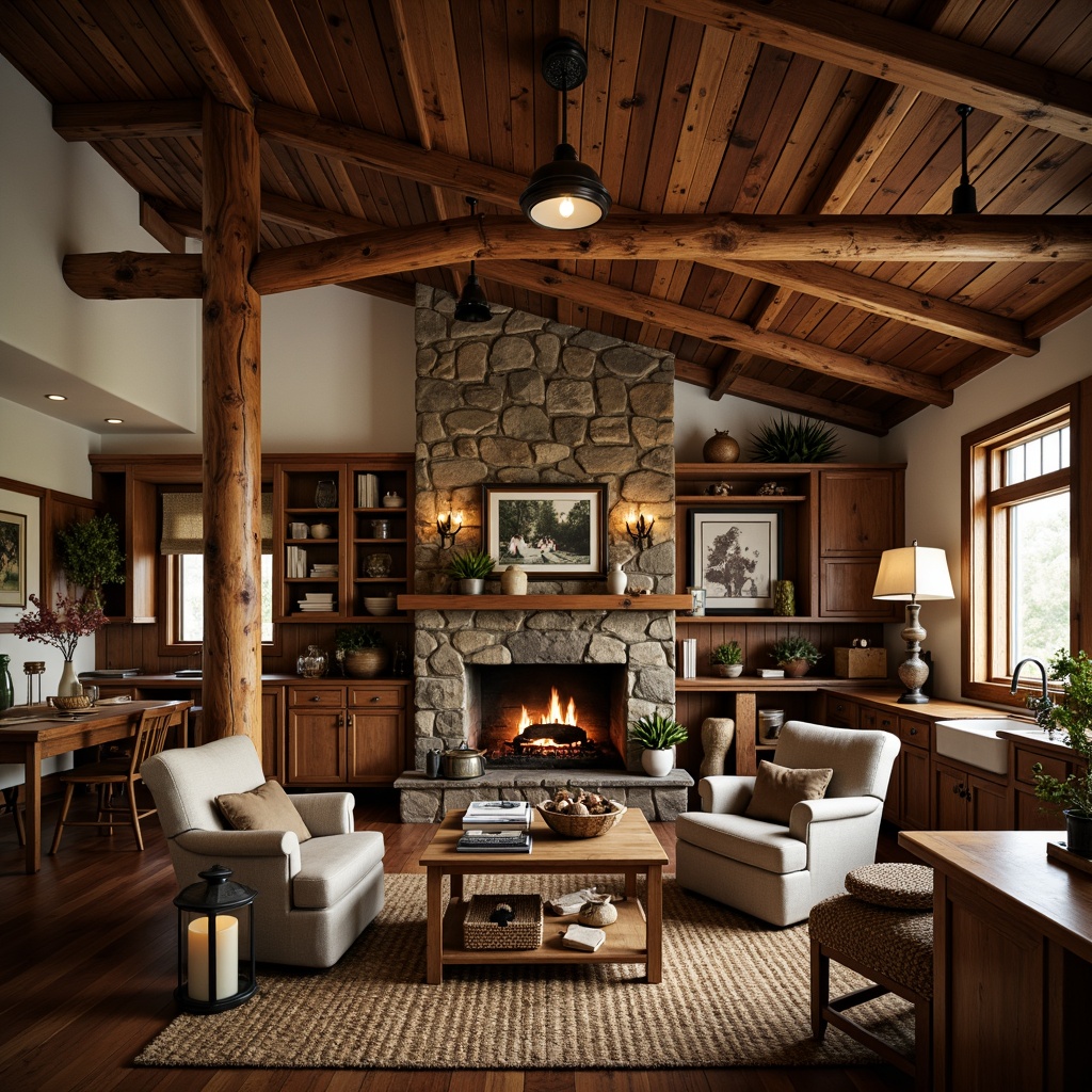 Prompt: Cozy rustic lodge, wooden accents, stone fireplace, plush armchairs, vintage decor, earthy tones, natural textiles, woven baskets, distressed wood furniture, leather upholstery, metal lanterns, candlelight ambiance, warm color palette, inviting atmosphere, wooden beam ceilings, rugged stone walls, country-style kitchen, farmhouse sink, wooden cabinetry, rustic dining tables, comfortable sofas, nature-inspired artwork, soft warm lighting, shallow depth of field, 3/4 composition, realistic textures, ambient occlusion.