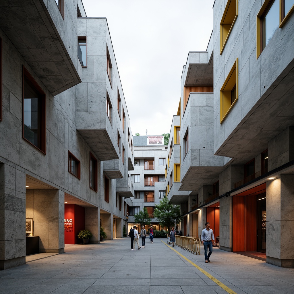 Prompt: Raw concrete buildings, brutalist architecture, rugged stone walls, bold geometric shapes, angular lines, industrial metal beams, exposed ductwork, minimalist design, functional simplicity, educational signage, vibrant colorful accents, urban cityscape, overcast skies, dramatic shadows, high contrast lighting, 3/4 composition, wide-angle lens, realistic textures, ambient occlusion.