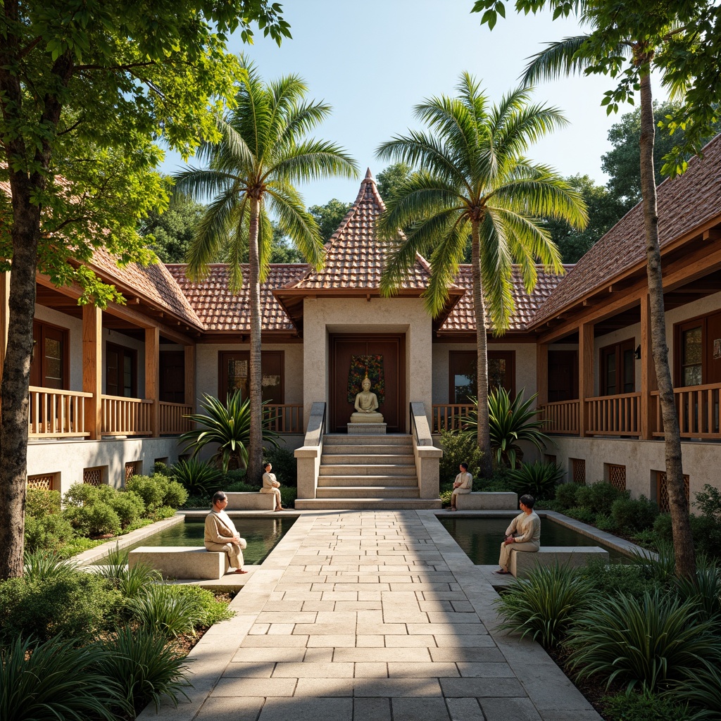 Prompt: Serene monastery courtyard, lush tropical vegetation, exotic palm trees, intricately carved wooden doors, ornate stone walls, rustic terracotta roofs, tranquil water features, peaceful Buddha statues, natural stone pathways, woven bamboo fences, vibrant colorful tapestries, soft warm lighting, shallow depth of field, 3/4 composition, panoramic view, realistic textures, ambient occlusion.