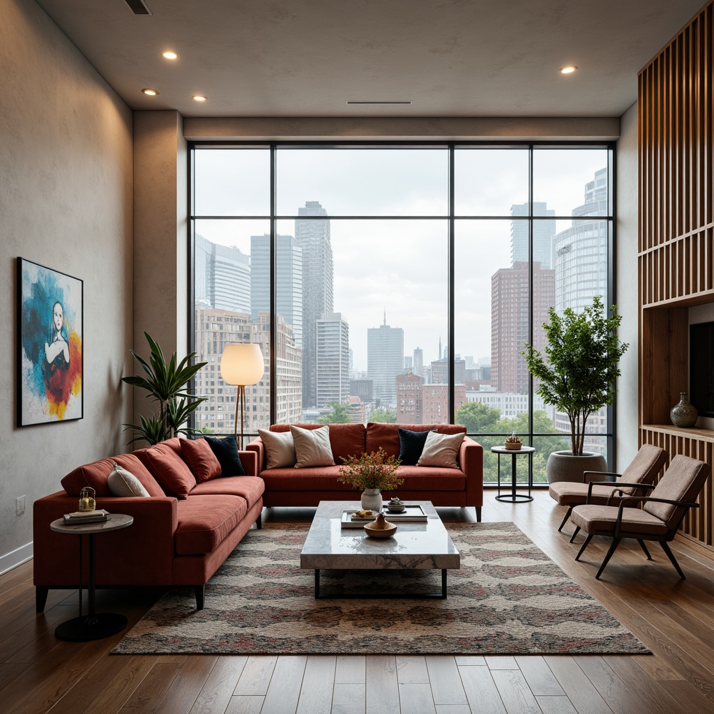 Prompt: Modern minimalist living room, sleek low-profile furniture, polished metal legs, tufted velvet sofas, geometric-patterned rugs, floor-to-ceiling windows, urban city views, soft warm lighting, shallow depth of field, 1/1 composition, realistic textures, ambient occlusion, wooden accent walls, marble coffee tables, industrial-chic decor, abstract artwork, lush greenery, pendant lamps, sectional sofas, reclining armchairs, luxurious fabrics, bold colorful accents.