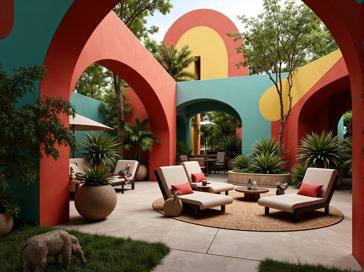 Prompt: Vibrant zoo enclosure, expressionist architecture, undulating curves, bold colorful walls, irregular shapes, playful animal sculptures, whimsical furniture designs, abstract patterns, mismatched textures, eclectic decor, jungle-inspired planters, oversized tropical plants, natural wood accents, rustic metal frames, warm soft lighting, shallow depth of field, 1/1 composition, realistic renderings, ambient occlusion.