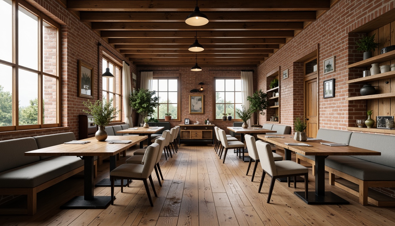 Prompt: Rustic farmhouse dining room, wooden plank flooring, vintage distressed furniture, reclaimed wood tables, metal pedestal bases, upholstered chairs with natural linen fabrics, earthy tone color palette, pendant lighting fixtures, exposed brick walls, wooden ceiling beams, country-inspired decor, antique accessories, soft warm lighting, cozy atmosphere, 1/1 composition, realistic textures, ambient occlusion.