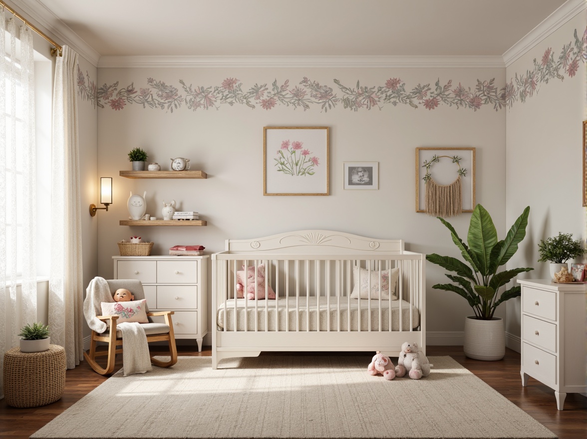 Prompt: Whimsical baby nursery, soft pastel colors, delicate floral patterns, plush toys, crib with ornate carvings, lace curtains, creamy white furniture, gentle glow of string lights, warm beige carpet, comfortable glider, natural wood accents, vintage-inspired wall art, creamy whites, pale pinks, baby blue hues, tender greenery, sweet stuffed animals, intricate wallpaper borders, subtle sheen fabrics, cozy reading nook, serene ambiance, shallow depth of field, 1/1 composition, warm softbox lighting.