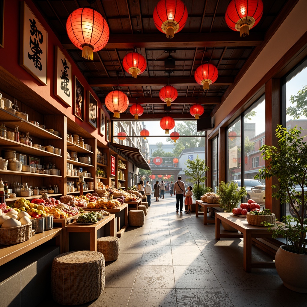 Prompt: Vibrant Asian-style grocery store, traditional lanterns, cultural symbols, bold red accents, natural wood shelves, woven bamboo baskets, colorful ceramic tiles, eclectic decorations, lively market atmosphere, busy streetscape, morning sunlight, soft warm lighting, shallow depth of field, 3/4 composition, panoramic view, realistic textures, ambient occlusion.