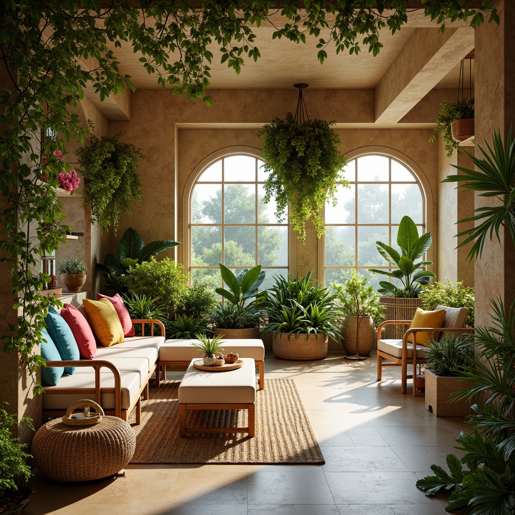 Prompt: Vibrant tropical interior, lush greenery, exotic flowers, warm beige walls, rich wood accents, natural rattan furniture, woven textiles, coral-inspired hues, turquoise blue tones, sunny yellow shades, creamy white surfaces, subtle golden metallics, ambient soft lighting, shallow depth of field, 1/1 composition, realistic textures, atmospheric fog.