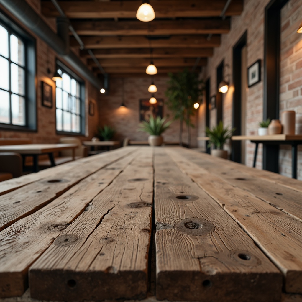 Prompt: Rustic wooden planks, distressed textures, earthy tones, natural imperfections, reclaimed wood accents, industrial metal beams, exposed brick walls, vintage decorative items, warm soft lighting, shallow depth of field, 3/4 composition, panoramic view, realistic worn edges, ambient occlusion.