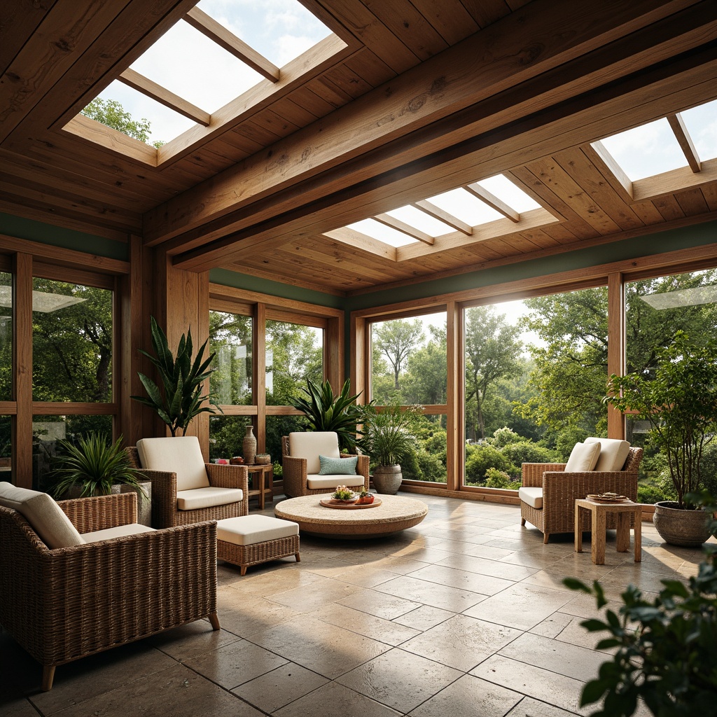 Prompt: Asian-inspired sunroom, sliding glass doors, large windows, clerestory windows, skylights, natural stone flooring, woven bamboo furniture, minimalist decor, paper lanterns, greenery walls, potted plants, soft warm lighting, shallow depth of field, 3/4 composition, panoramic view, realistic textures, ambient occlusion, serene atmosphere, warm wooden accents, subtle textiles, traditional Japanese shoji screens.